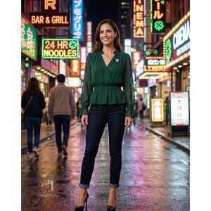 Nine Britton Ina Chiffon Smocked Bottom Blouse Dark Green Floral Career Large